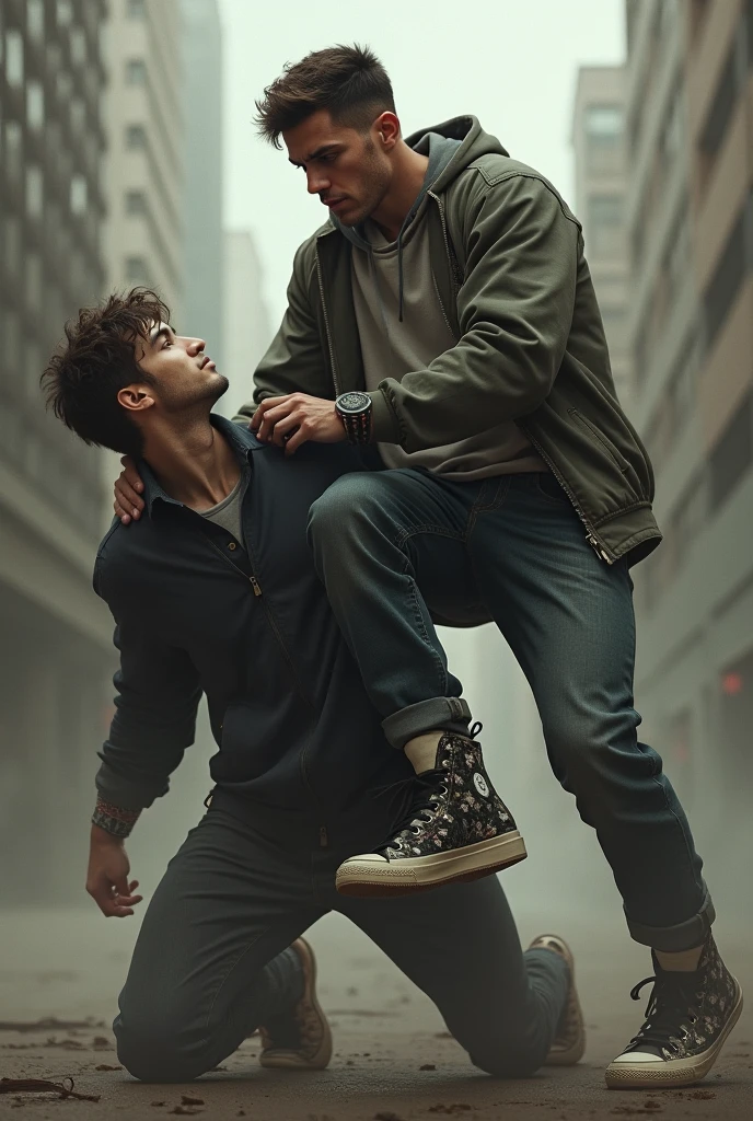 A very very tall very fit guy in jeans and white shirt fighting and walking over a very very short thin 25yo guy laying down, at abandoned street