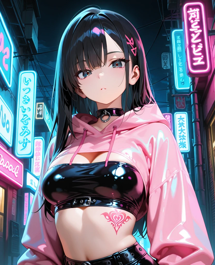 girl spacepunk,(1girl),(beautiful girl with cute cat ears),
(large breasts),saggy breasts,(black hair,black messy hair,colored inner hair,long hair,absurdly long unkempt hair,long black hair,ear breathing,intricate cut hair),(cat ears,cat ears on head,big cat ears),(neon_pink_eyes),intricate eyes,beautiful detailed eyes,symmetrical eyes,(fat),(lustrous skin,bright skin,skin tanned,shiny skin,very shiny skin,shiny body,plastic glitter skin,exaggerated shiny skin,illuminated skin,wet legs),(spider lower abdomen,narrow waist,wide hip,athletic body,inflated legs, thick thighs,detailed body,(detailed face),
cute,slutty,seductive,erotic,(nsfw),
(graffiti art in clothes),zettai ryouiki,revealing clothing,show skin,(underboob),(cleavage),(semi-naked,with little clothing),(tiny thong, armor thong intricate),(large sport socks,visible thong straps,no bra),(underpants strap),(crop top hoodie,cropped hoodie,hoodie,hoodie intricate),(wet clothes,intricate outfit,intricate clothes),
(dynamic pose),solo focus,embarrassed,(centered,scale to fit dimensions,Rule of thirds),
cyberpunk city by the ocean at night, with bright neon signs and dark stormy clouds and puddles, scenery,nighttime, starry night, cosmos,Very dark night that makes the neon lights stand out, very bright neon lights,nighttime, starry night, cosmos,
artistic photography,(photography taken by sldr),highres, sharp focus,(ultra detailed, extremely detailed), (photorealistic artwork),(extremely detailed CG unity 8k wallpaper),(synthwave background theme),(vibrant colors),intricate,(intricate background),(masterpiece),(best quality),perfect rendered face,perfect face details,realistic face,photo realistic,analog style,(intricate detail),(realism),
