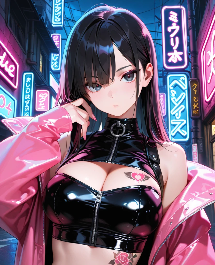 1girl,mature_female,(masterpiece,detailed background,best quality),long and shiny hair,jewellery,eyeliner,make-up,smirk,fishnet clothes,ptn,game background,illustration,official_art,Neon Light