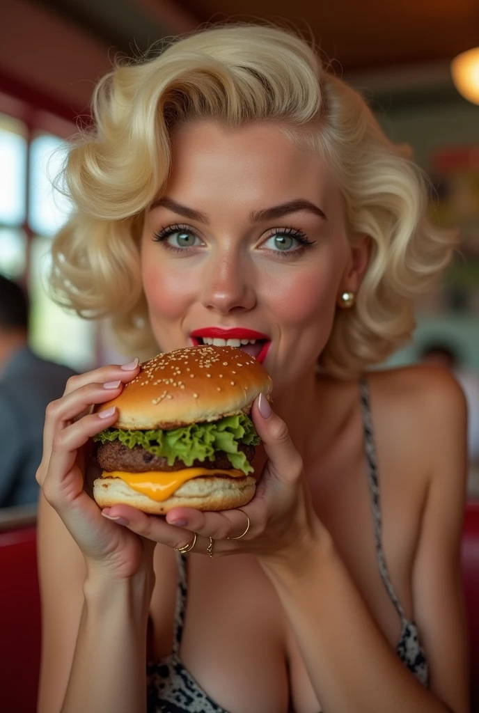 marilyn monore eating hamburger sitting down
