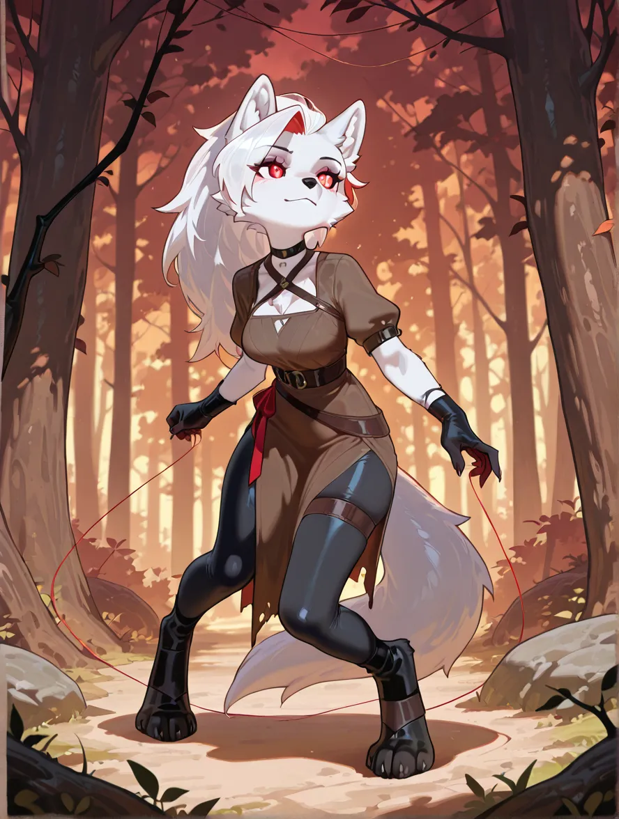 ( best quality, highres, masterpiece), (perfectly accurate colors):1.5, mischievous kitsune girl with nine black tails:1.5,pure white skin:1.5, black hair:2,ruby red eyes,red riding mina,wearing a red hooded cloak,black hiking boots,ruby amulet,armored corset,black skirt, armored silver gauntlets,sitting on a tree stump, soft sunlight filtering through the trees,pile of autumn leaves scattered around the tree stump