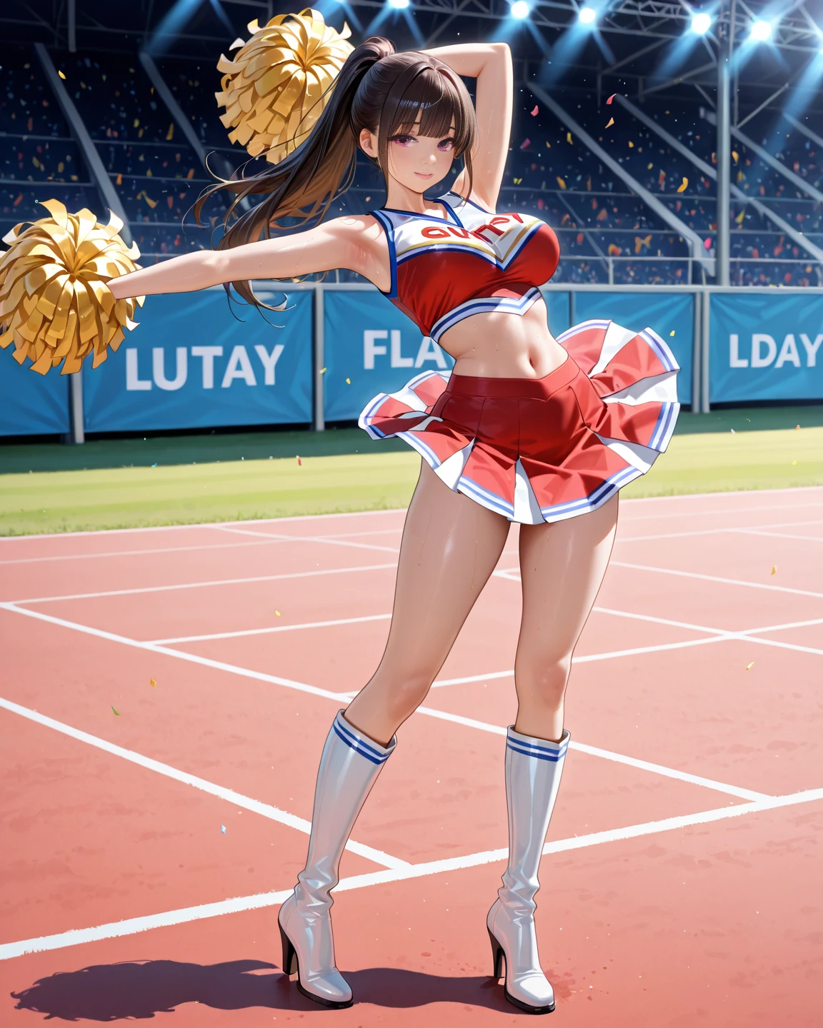 extremely detailed 16K CG unity wallpaper, best quality, masterpiece, raw photography, photorealistic, ultra-high resolution, ultra high res, (dynamic:1.3), depth of field, sharp focus, (correct anatomy:1.5), intricately detailed face, ultra-realistic skin texture, (from front:1.2), (from below:1.5), full body shot, 1 girl, solo, looking at viewer, Japanese teen, 17 years old, fairly detailed skin, shiny skin, slim and oval outline of the face, black hair, ponytail, dark eyes, (bright eyes:1.3), realistic eyes, highly realistic nose and lips, (tall nose:1.5), fairly detailed nose and lips, (light smile:1.5), ((cheerleader:1.5)), (((dancing, jumping:1.3))), (((high kick:1.5))), (tall:1.2), (skinny:1.1), (beautiful breast:1.3), perfect body proportion, ((strapless sports bra, red sport bra:1.4)), (((stomach cutout, naval:1.3))), ((red mini skirt:1.4)), (((skirt lift, flipped skirt:1.4))), (((black shorts is exposed:1.5))), highly detailed thigh, professional photo, cinematic lighting, dynamic angle, sharp focus, depth of field, ((outdoor, noon, summer, stadium:1.5))