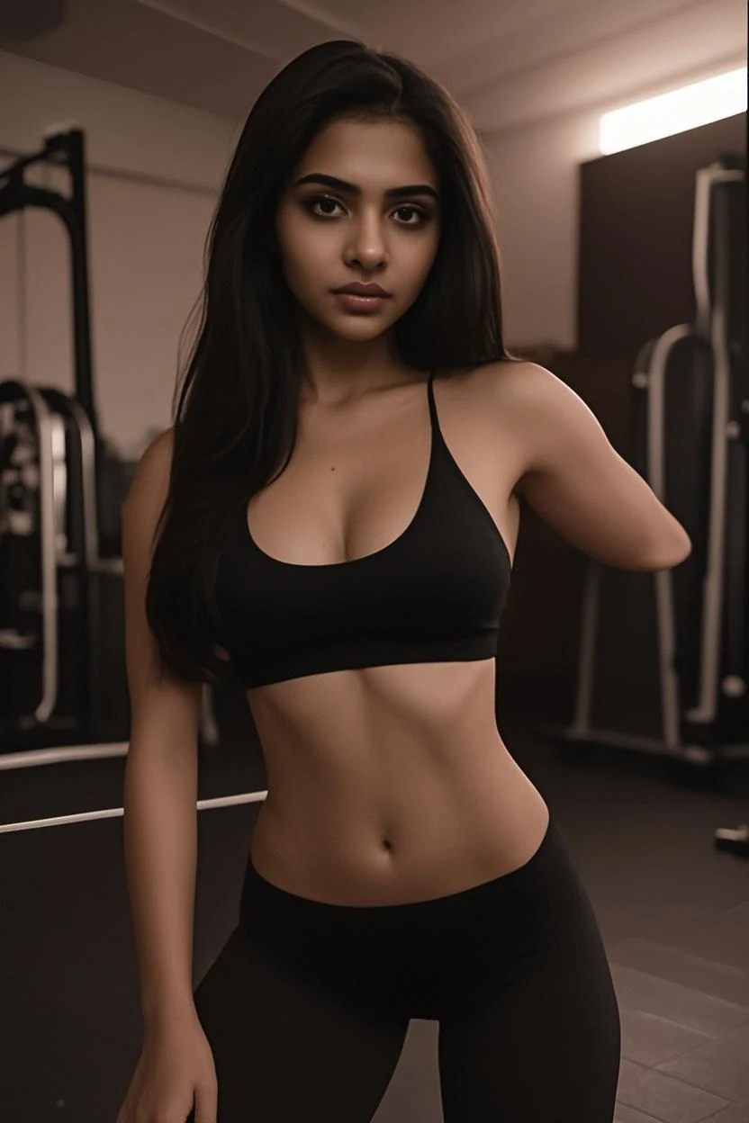 In the heart of a bustling Indian gym, an enchanting woman in her late twenties, adorned with dark, curly hair cascading down her shoulders, executes her fitness routine with dedication. Her curvy figure, a testament to her strength and lifestyle, impresses onlookers with every facet of her being. Gracefully, she wears a bold, red lipstick, accentuating her adorable, cute face, framed by the subtle sheen of make-up. Her dark eyeliner, meticulously applied, emphasizes her captivating eyes, emphasizing the allure of her Indian heritage.
This captivating 8K resolution, full-
