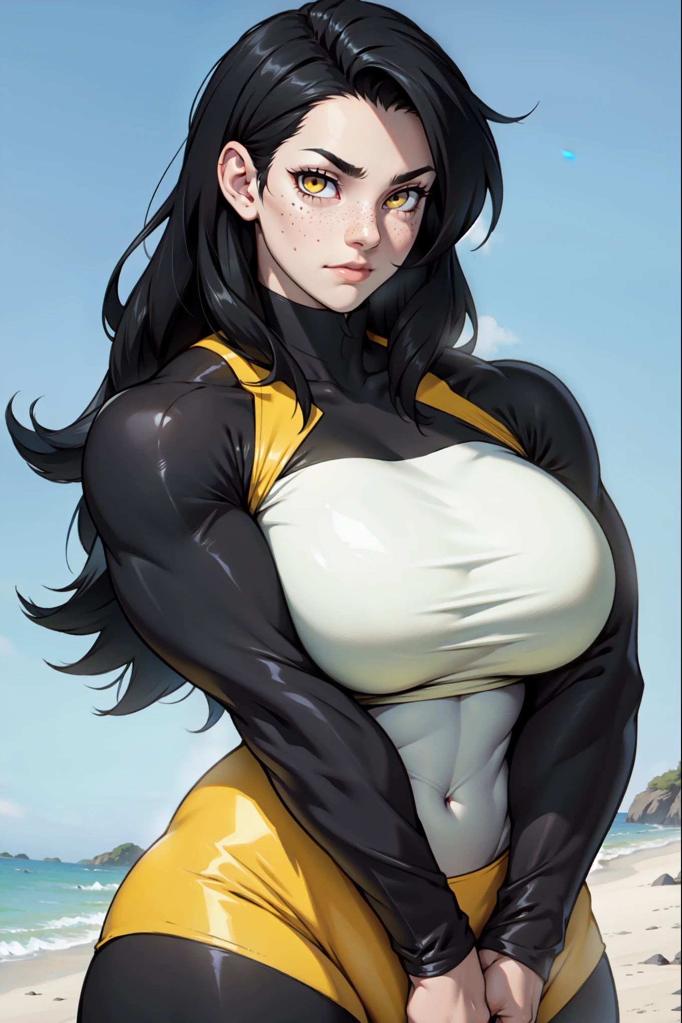 girl (muscular) huge breasts toned body black hair yellow eyes very long hair solo pale skin