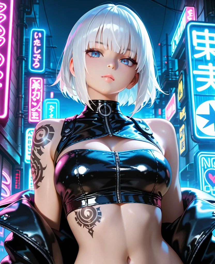 ((16K)),((masterpiece:1.3)), ((Highest quality)), ((Ultra-high resolution)), (Very detailed), (Realistic, photoRealistic:1.4), Perfect lighting,((Side light)), Written boundary depth, Surrealism,photo shoot, No makeup, Film Grain, chromatic aberration, Sharp focus, Face Light,((Beautiful detailsまでこだわった髪)),((Beautiful eyelashes)), Beautifully detailed face, Beautiful details, Beautiful clavicle, Beautiful body, Thin legs,Beautiful breasts, Pointed Chest,Beautiful legs, ((Detailed and carefully drawn hand)), Cleavage, Perfect Anatomy, Supermodel with a long neck,((Skinny1.3)),23 years old,Looking into the camera,(Perfect Anatomy,Anatomically correct, Very detailed肌), Glowing Skin,((beautiful girl:1.1)),(( large breasts :1.5)),shiny hair,((Bowl Cut Hair, whitehaircolor)),((See-through bangs:1.2)),Dainty facial structure,((surprised expression:1.5)),((looking up)),((Jumping:1.4)),((Raising arms:1.3)),((wearing Cyberpunk Gunfighter)), ((Futuristic Cyberpunk Outfit:1.2)), ((Don a futuristic ensemble with cyberpunk-inspired clothing, incorporating sleek lines and high-tech details, Gloves with Built-in Tech, Enhance the look with gloves that feature built-in tech elements, adding a sci-fi touch, Holographic Gun Holster, Carry a holographic gun holster for an avant-garde and visually striking appearance in a Hollywood-worthy action scene)),background((Background of a colorful cyberpunk Tokyo street at night. The scene features futuristic skyscrapers illuminated by neon lights and holographic advertisements. Flying vehicles zip through the sky, while people in cyberpunk fashion walk the streets below. The walls of the buildings are adorned with giant digital screens displaying vibrant ads and animations. The ground is embedded with colorful LED lights, creating an ethereal and otherworldly atmosphere throughout the city)),((wide shot:1.5)),((from below:1.1)),
