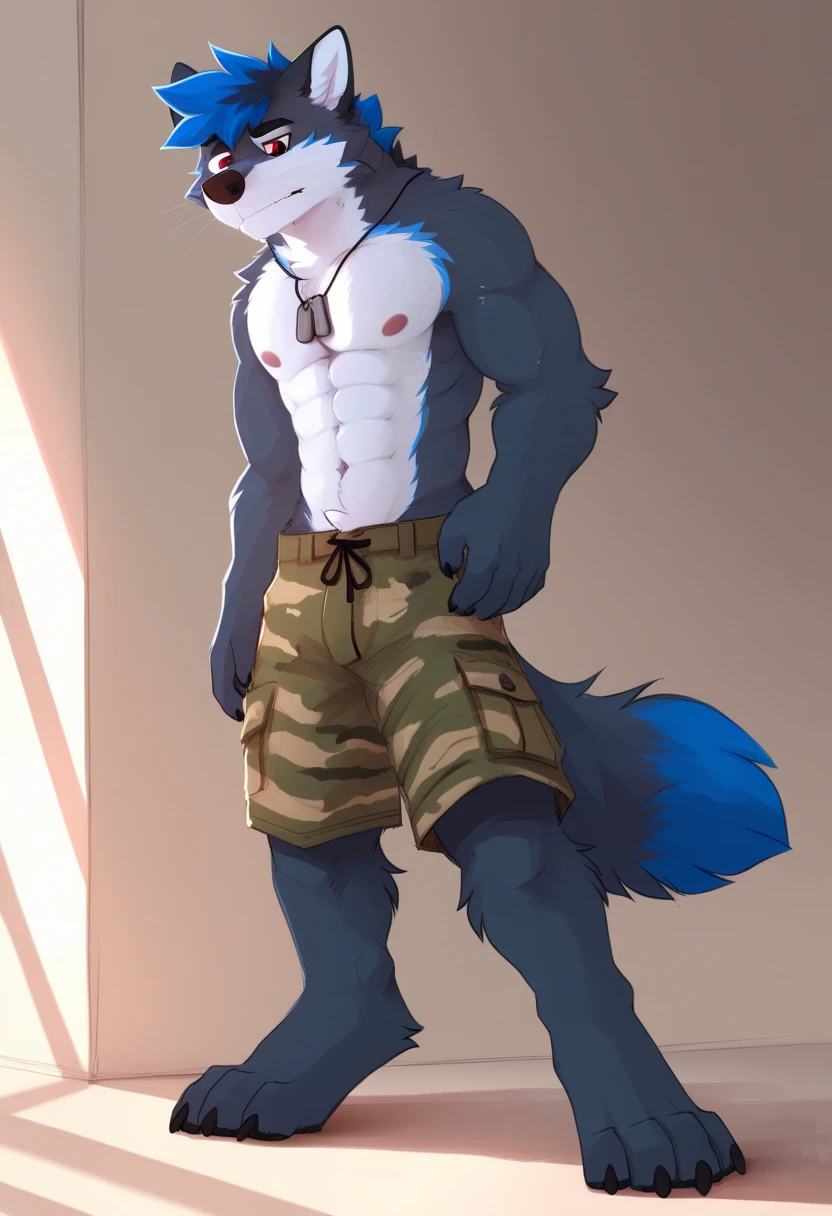 masterpiece, Anthropomorphic Black Panther, blue eyes, Tail, lose weight, OK, Black, smiling, simple background，male，youth，White boxer shorts with blue trim， Japanese cartoon style, digital flat colors, 锐利的shadow, shadow，naked torso，alone，male，male焦点，whole body，Slim