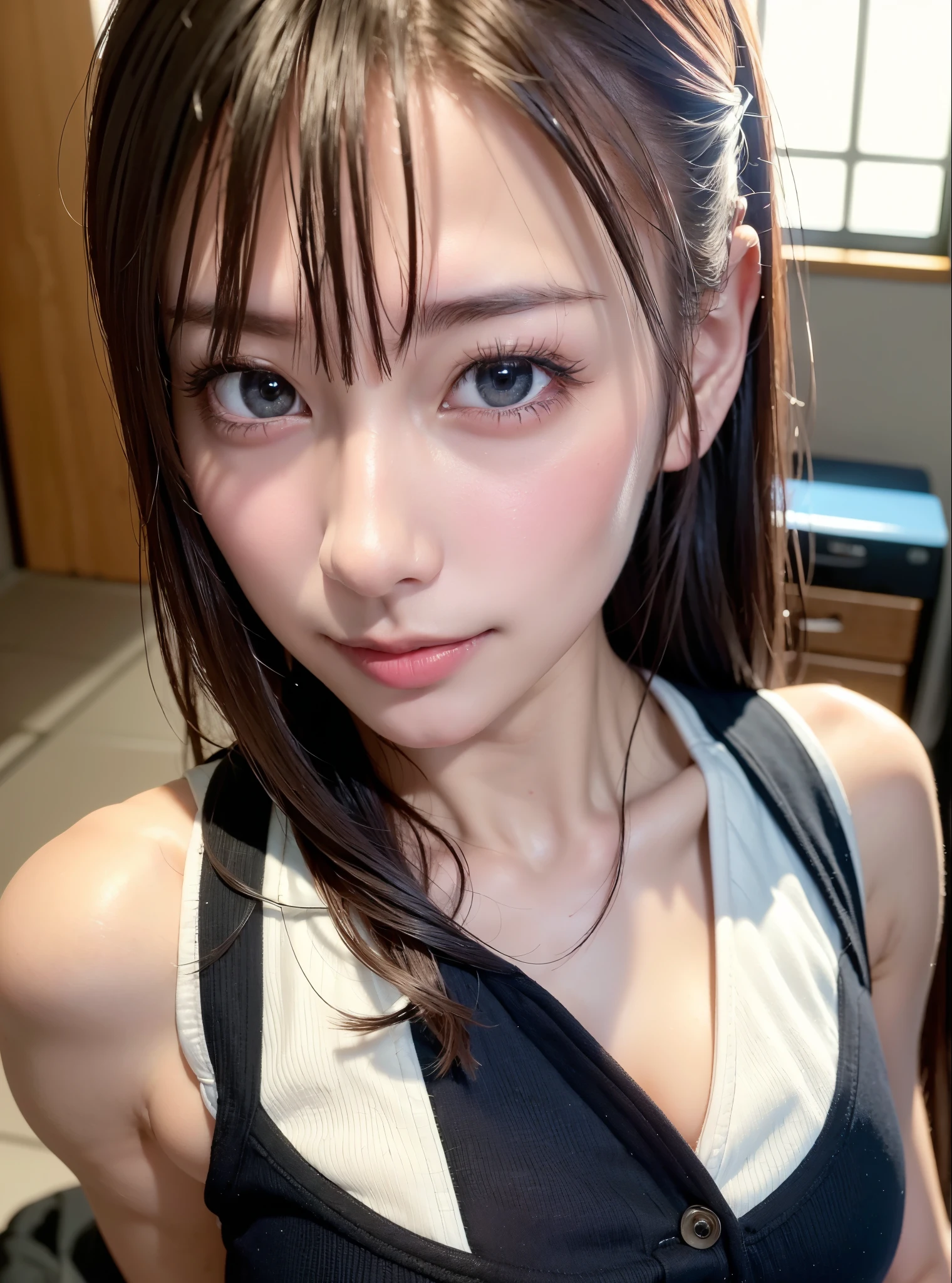 8K,Best Quality, masutepiece, 超A high resolution, (Photorealistic:1.4), Raw photo, (Authentic skin texture:1.3), (Film grain:1.3), (Selfie angle),1girl in, Bun hairstyle, Brown hair, Sitting, Chair, bored, Hand supporting chin, beautiful detailed eyes and face,masutepiece, Best Quality,close-up,upper bod,