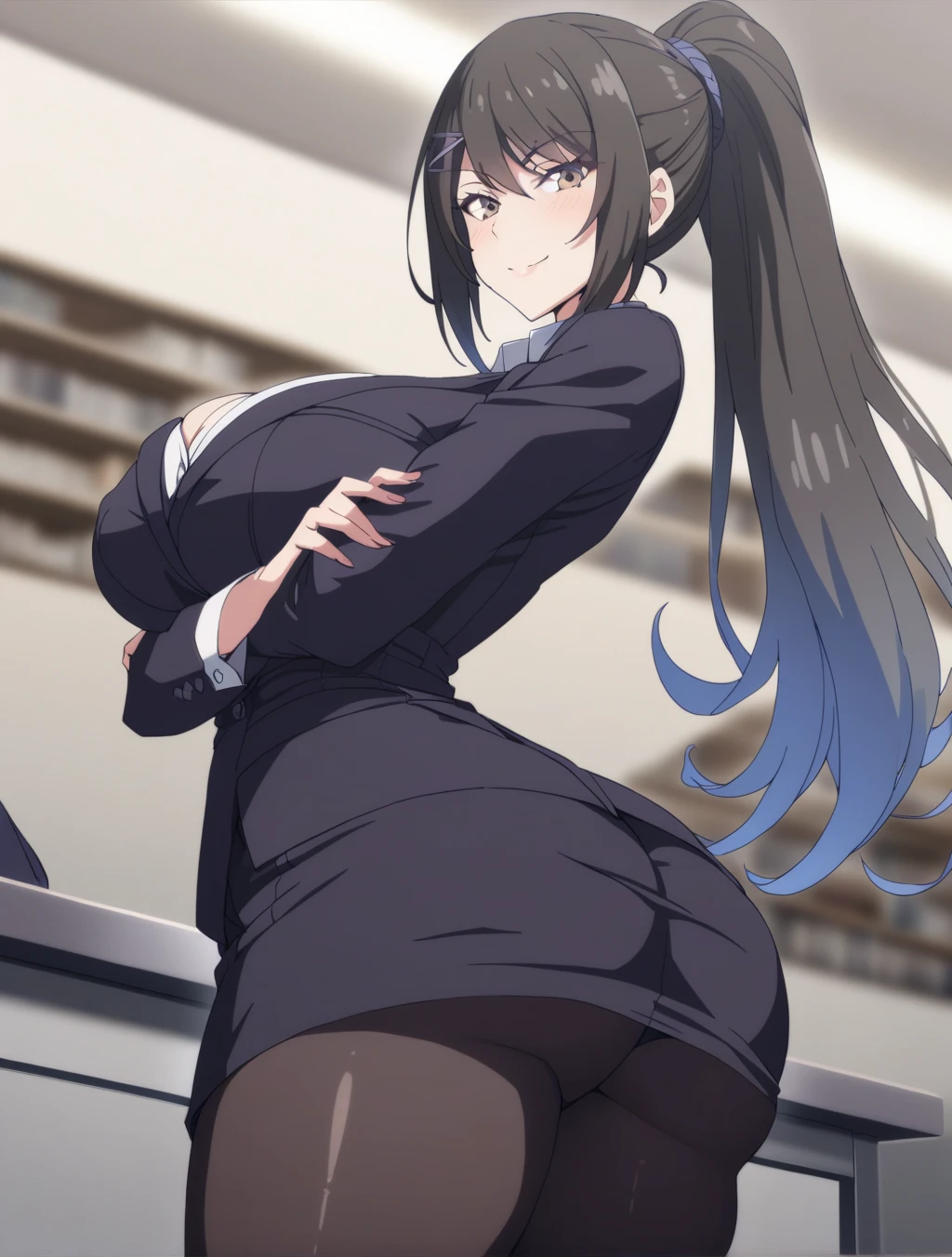 (1 girl)), ((single)), Shizuka hiratzuka, ((extremely detailed CG unity 4k wallpaper)), (masterpiece), (ultra quality), (ultra detailed), (best illustration), (best shadow), (extremely detailed), (absurdities), (detailed background), curvy body, cowboy photo, looking at viewer, dynamic pose, depth of field, large breasts, narrow waist, wide hips, medium thighs, round butt , sweater, black hair, long hair, airy hair, mature, adult woman, blush, gray eyes, beautiful detailed eyes, fair skin, soft skin, seductive look, hands on hips, ((partially naked, lab coat: 1.3 , open white robe: 1.4, black lingerie: 1.3, 2-piece lingerie: 1.4, black pantyhose: 1.3, ,nail polish)), ((only)), earrings,(( Standing:1.4, interior, Japanese apartment , night, moon, window, cityscape, city lights), closed mouth, backlight, looking back, from behind, ((focus on ass), point of view: (from below), perfect anatomy, perfect hands