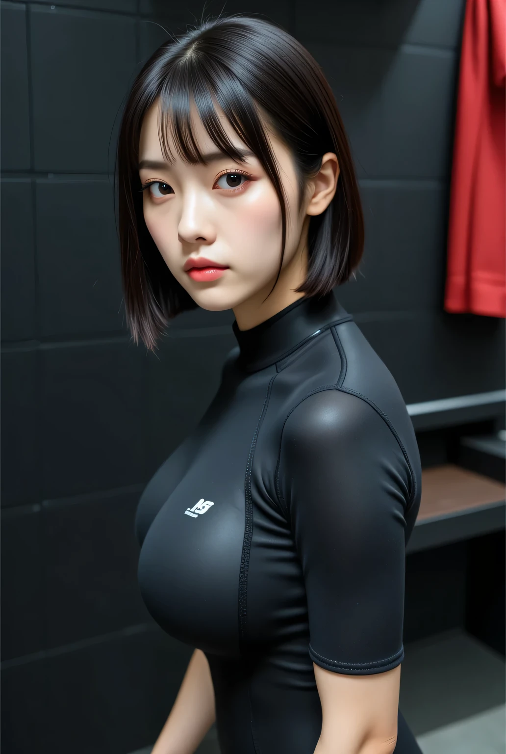 Highest quality, high resolution, masterpiece, colorful to keep.
Super beautiful Japanese woman, looks like a intimidating dominatrix, closed mouth, condescending gaze, staring at the viewer, makeup, long false eyelashes, eyeshadows, eyeliners, light red lips, short haley bob, bangs, big breasts.
Her breasts are large even under the pressure of a wetsuit.
Locker room, black wall.