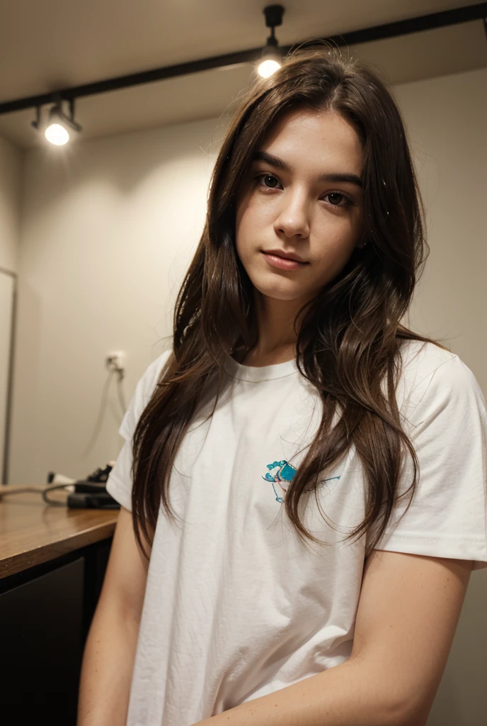 xoaeriel, a beautiful woman with wavy brown hair, ojos azules, nariz redonda, wearing an oversized t-shirt with no logo ,usando leguins,hiperealista,NSFW