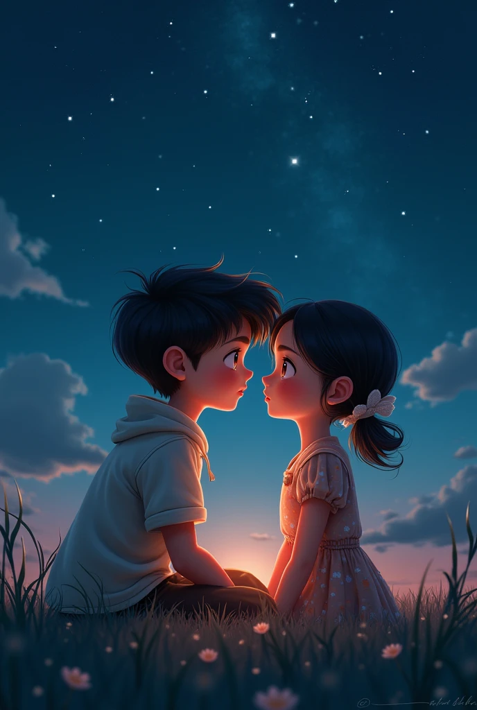 One boy and one girl in forest in night heart touching one boy are single