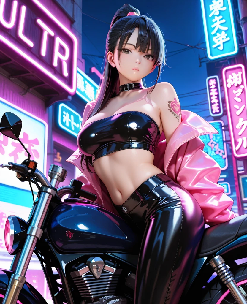 Masterpiece, Best quality, Confident cyberpunk girl, Full body shot, ((Stand in front of the motorcycle)), Popular costumes in Harajuku style, Bold colors and patterns, Eye-catching accessories, Trendy and innovative hairstyle, Vibrant makeup, Cyberpunk's dazzling cityscape, skyscrapper, Neon signs, LED lights, Bright and vivid color scheme, anime big breast, illustration, Detailed skin texture, Detailed cloth texture, Beautiful detailed face, Intricate details, Ultra detailed.