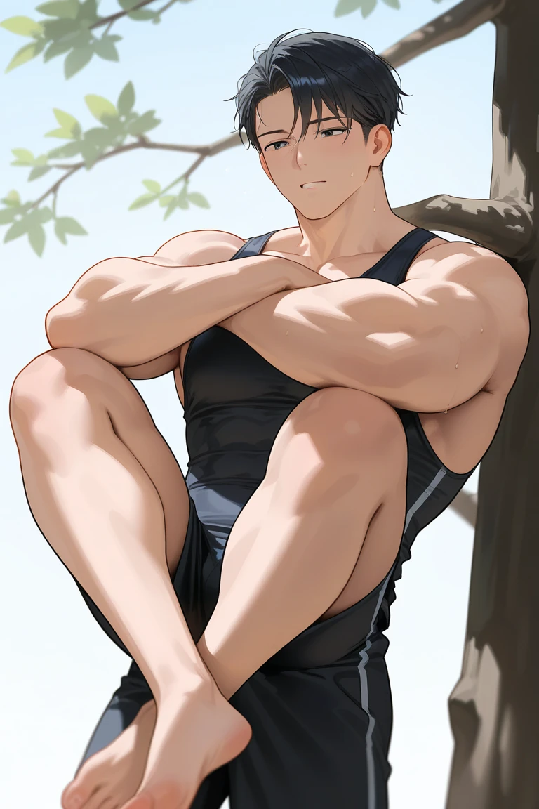 masterpiece, best quality, 1boy, solo, male focus, PE teacher, leaning forward, muscular male, b;acl tank top, shorts, bulge, brown eyes, short hair, black hair, looking at viewer, (covered nipples:0.8), bara, sweat, park, tree