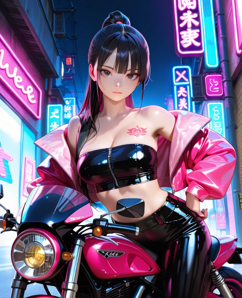 Cyberpunk girl with huge breasts in a neon suit with huge cleavage on a futuristic motorcycle in the city
