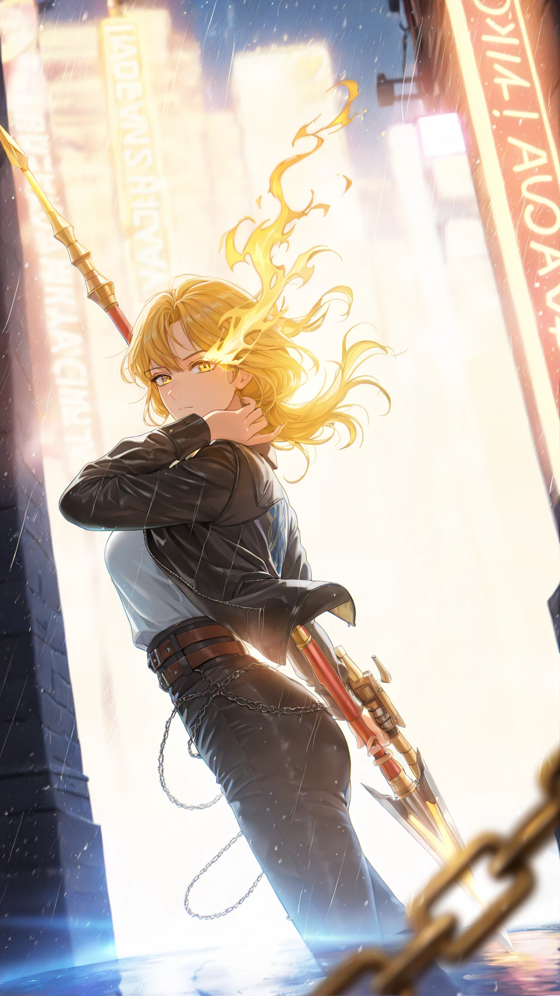 god rays, vivid colours, light stream, colour splotches, cinematic shot, mature, young adult, masterpiece, best quality, amazing quality, very aesthetic, high resolution, ultra-detailed, absurdres, (hands:-0.15), manwha style, webtoon, solo levelling,
(1girl, female:0.95), solo, alone,(dynamic pose, upper body focus, from the side, side shot, looking at viewer, dutch angle, medium shot:1.2), modern clothes, thunderstorm, rain, stelledef, yellow eyes, pen clothes, open jacket, long sleeves, flaming eye, belts, chain belts, gunlance, gunspear, neon lights,
BREAK, depth of field, volumetric lighting,