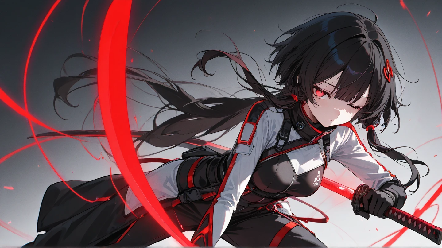 Remove all background,white solid background,Black tights,black hair,Neon hair accessories,Red pupil,High and cold,stand at attention,ID photo