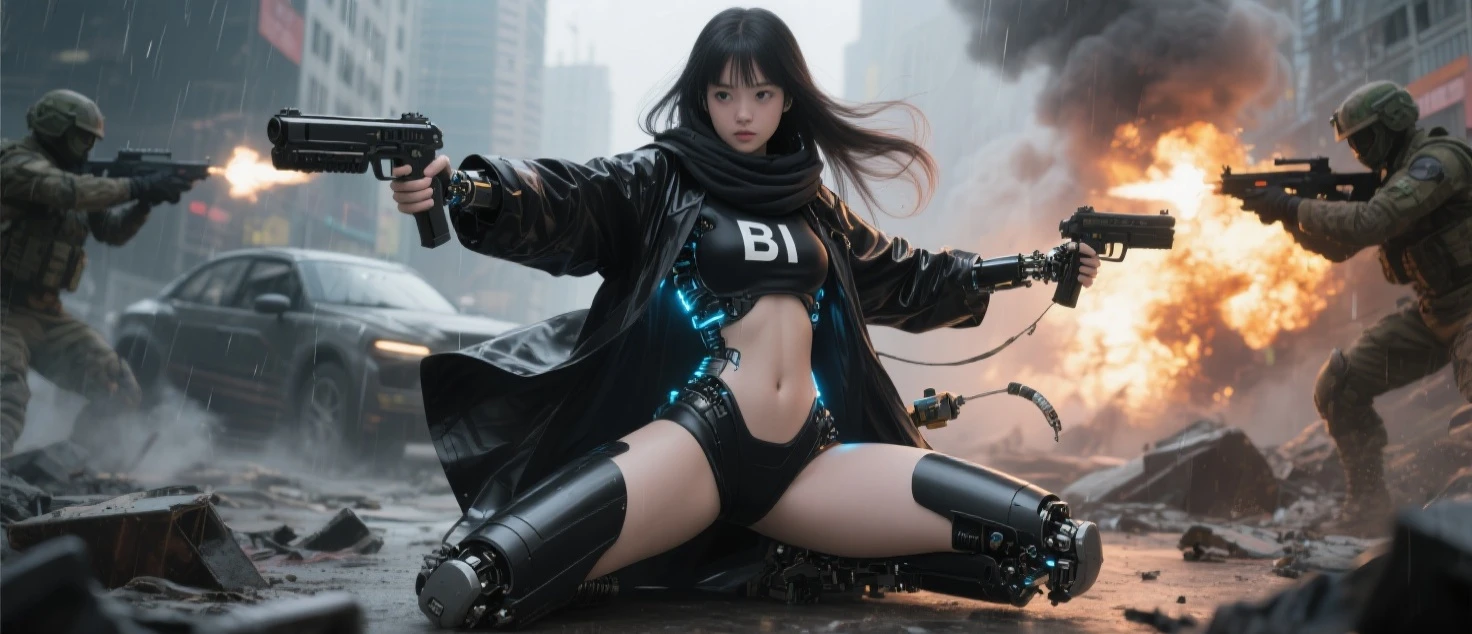 Top image quality, 电影灯光, octan render, ultrasharp, 1 girl in, japanes, embarassed face, glowy skin, length hair, Torn white latex suit, cleavage of the breast, Pink enamel jacket, Futuristic hair ornament, Simple tattoos, intricate detailes, Runaway, Running at full speed, Breaking through the glass, Shards of flying glass, cyberpunked, Night sky with countless stars twinkling, Shining Milky Way, Heavy rain:1.3, Ruins, Laser beam attack, big explosion:1.3, Pillar of fire:1.2, A city engulfed in flames, floods, wetting hair:1.5, wetted skin:1.5, puddle, Detailed eyes, detailed skin textures, cammel toe, Detailed CG image quality, 8mm fisheye lens, Angle looking up from below:1.2, (Full Body Angle), The whole body is soaking wet, Fast shutter speed,