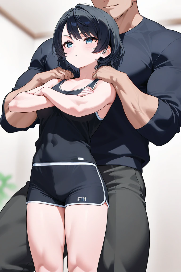 gym, workout, hot, sweating, sweaty, tan, big boobs, tan skin, flustered, blush, black clothes, see thru, yoga pants, black hair, trainer standing behind girl, man behind touching waist, holding waist, trainer