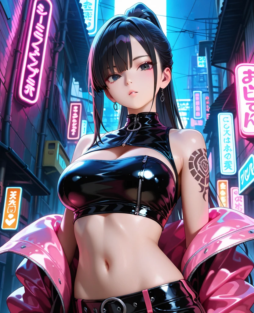 Girl,(( big tits)), hips, ((thighs)), ((perfect body)), sexy, mini shorts, ((neon lights)), music, (((neon))), lights, high quality, ((dancing)), Asian