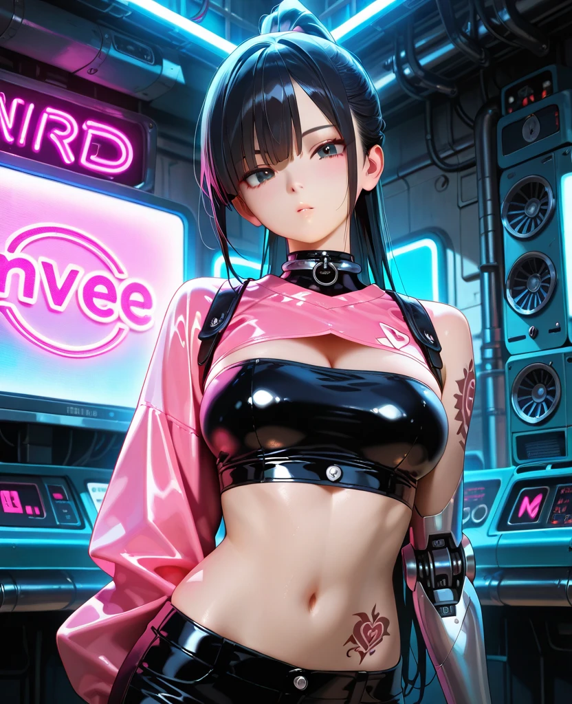 Girl,(( big tits)), hips, ((thighs)), ((perfect body)), sexy, mini shorts, ((neon lights)), music, (((neon))), lights, high quality, ((dancing)), Asian