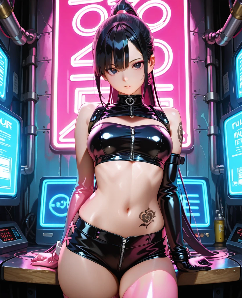 high image, super detail, high resolution, anime, manga, illustration, pretty girl, baby face, make up, ecstatic expression, amorous expression, seductive look, flowing layered messy black glossy medium short wavy hair, sparkling black big eyes, alluring moist red lips, huge breasts, under boob, side boob, great proportion, perfect proportion, slender, full body, black glossy rubber thong micro bikini, skimpy bottom, background fantasy, galaxy, magic circle, kaleidoscope, give off rainbow and gold neon light many lines radially from floor and ceiling, cyber punk