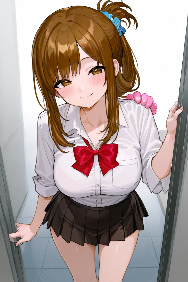 Nfsw, Masterpiece, hd, highschool students, brown hair, straight hair, ponytail, wearing see-through white collared shirt brown skirt, shirt sleeves, wet, sexy , smile, looking at viewer, standing, indoors, masterpiece, best quality, highres, nice hands, perfect hands, wearing school backpack, (backpack:1.1), red backpack , show nipple, show breast, nipple, lewd, seductive