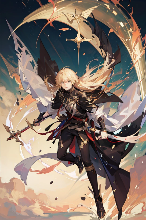 masterpiece, top quality, 1 man, long blonde hair, light sword, lancelot, badass, fine eye detail, intricate detail, (style-pixiv:0,8), portrait, (spread of blood :0,7 ), solo, full body shot, background detail, (the wind blows with light thread: 1.1) dynamic elegant pose, sword man, pentagram, brithis knight suit, medieval, abyss of darkness in the background