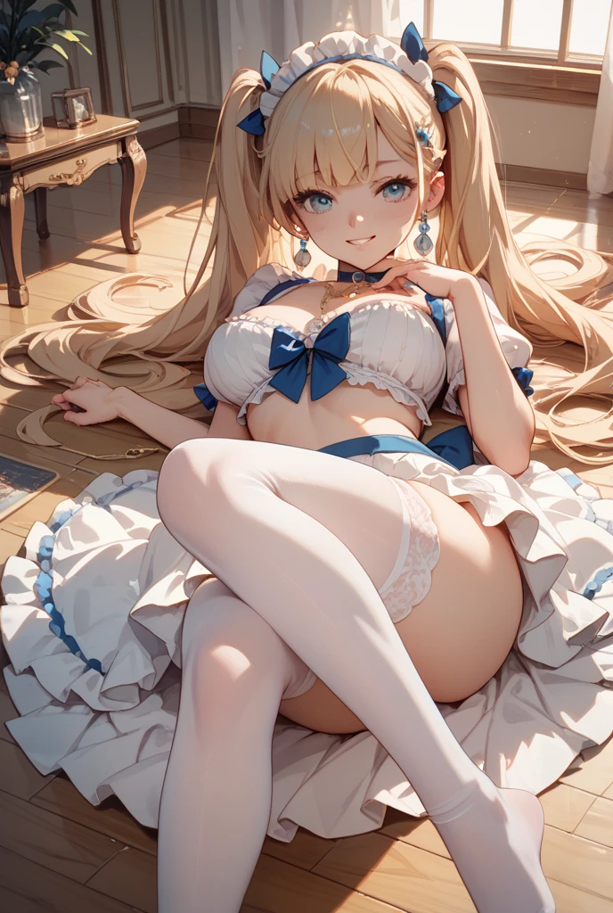 High resolution, ((Highest quality)), (Very detailed),Cinematic lighting、 (beautiful), ((Detailed hotel large bed top:1.3)), alone,(:1.3)、Cute face、Fine grain、(Glossy lips:1.3),Slender figure、(Narrow waist:1.4)、(alice in wonderland costume:1.4),Anatomically correct、Off-the-shoulder dress、Wide open chest、Thighs、White and clear skin、Blue ribbon on head、Shiny pale colorful blonde long hair,Face of joy、White lace panties are visible、(Spreading her legs:1.5)、