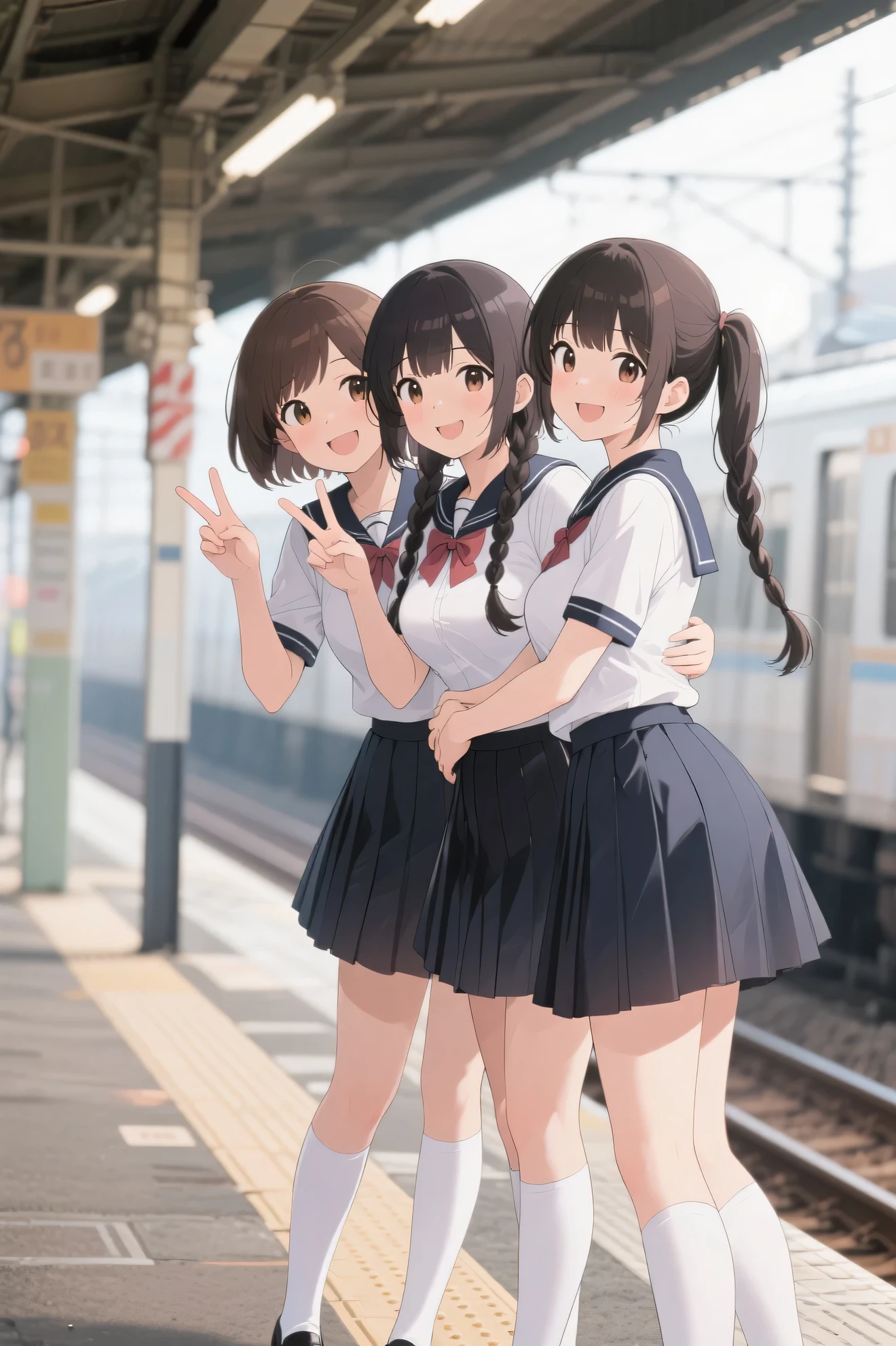 Highest Quality、anime style、masterpiece、Portrait Photography、Soft background blur 、detailed eyes、age beauty、huge breasts、braided bob cut、Ponytail、jk uniform、pleated skirt、White Stockings、Playfully hugging each other 、smile、Three girls waiting for a train on the station platform、peace sign、cute
