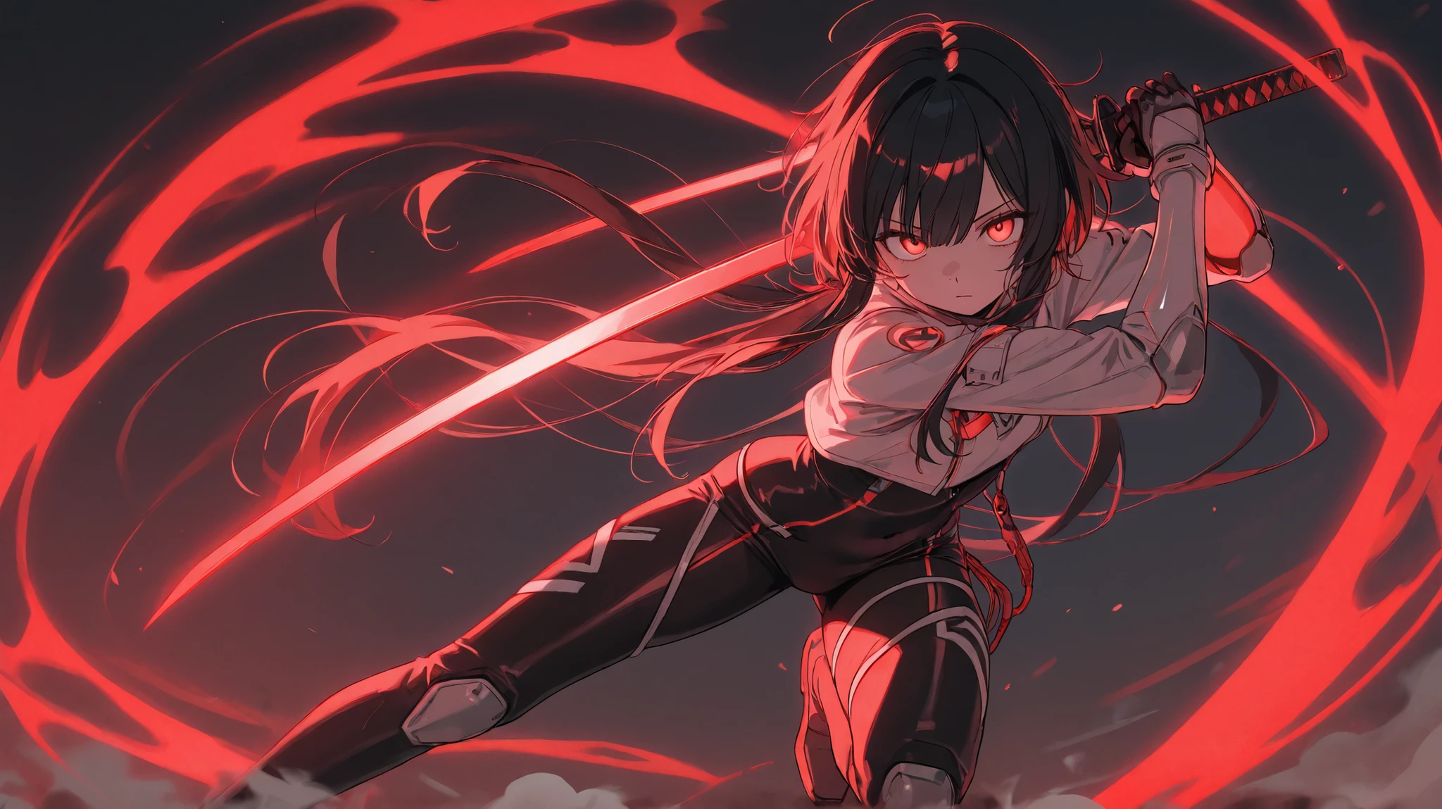 Epic scene of female character, beautiful girl with short black hair with long locks and a fringe, wearing a white techwear-style outfit, Wielding a neon red futuristic katana, em pose de combate, olhos fechados, expressionless face, completamente calma, red light effects