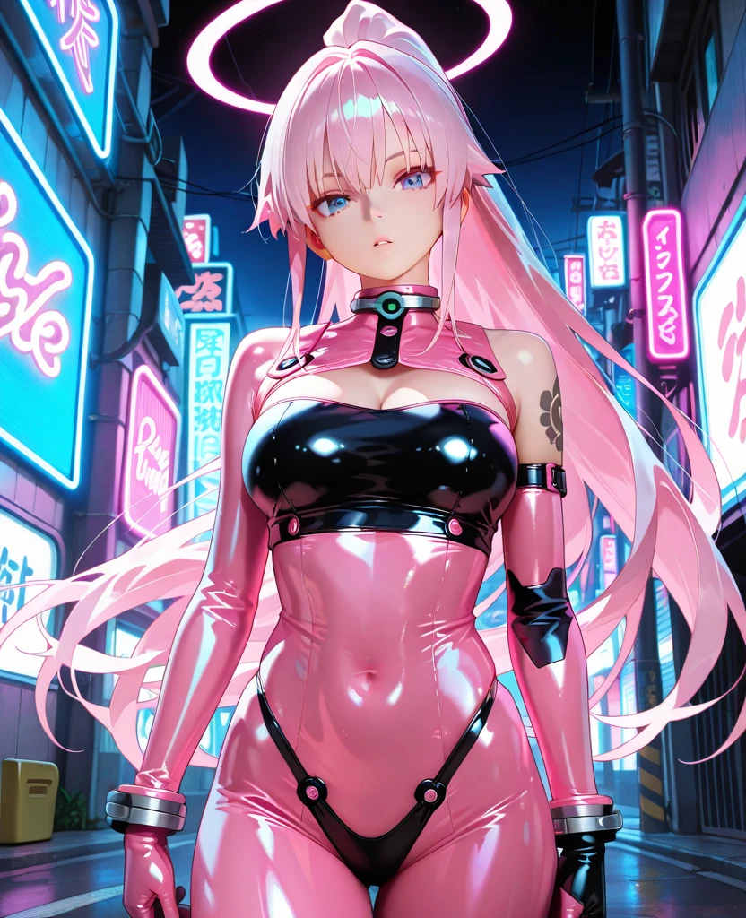 Best Quality, Masterpiece, Ultra High Resolution, (Realisticity: 1.9), Original Photo, 1Girl, Bare Shoulder, full body portrait, futuristic neon lit city at night, Movie Lighting , bangs,sexy bodysuit, large breasts, large buttocks, gamer headphones, shoulder length hair , large breasts, parted lips, metallic pink bodysuit, blue eyes, pink hair, solo, twintails,alice (masterpiece:1.4),(best quality:1.4),(shiny skin),realistic, ((luminous. Very alluring and seductive pose. )) slight smile.