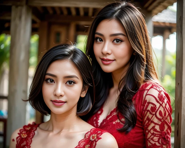 Realistic full body photo of two smiling, Young black-haired and red-haired girls with long hair, They dance in front of the camera in a long A-line bridesmaid dress with straps made of shiny red and green satin., Park,glamour fotoshooting, Wedding celebration, perfect anatomy, perfect brown eyes. Perfect hands with 5 fingers on each hand, Matching girl, look into the camera, 2 woman. (Eye make up:1.1), (highly detailed skin:1.1), spirit, analog style, keen focus, 8K  UHD, dslr, good quality, Fujifilm XT3, Grain, Award-winning, ​masterpiece. Wedding celebration
