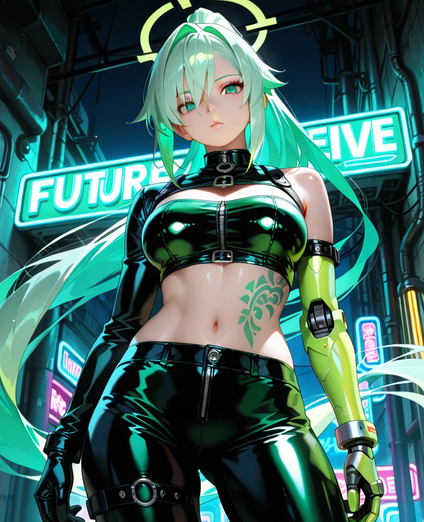 ((masterpiece,Highest quality:1.3)),cowboy shot,1woman,30 year old beauty,独奏,((very small head:1.3)),green hair,(low ponytail),long hair,blunt bangs,green eyes,gorgeous eyes,shy,medium breasts,((very long body:1.2)),((toned body,slender body,skinny)),gleaming skin,shiny skin,(leather coat、navel、Tight Skirt)、barefoot、standing,Metropolis、neon、cyber punk、World of Blade Runner、