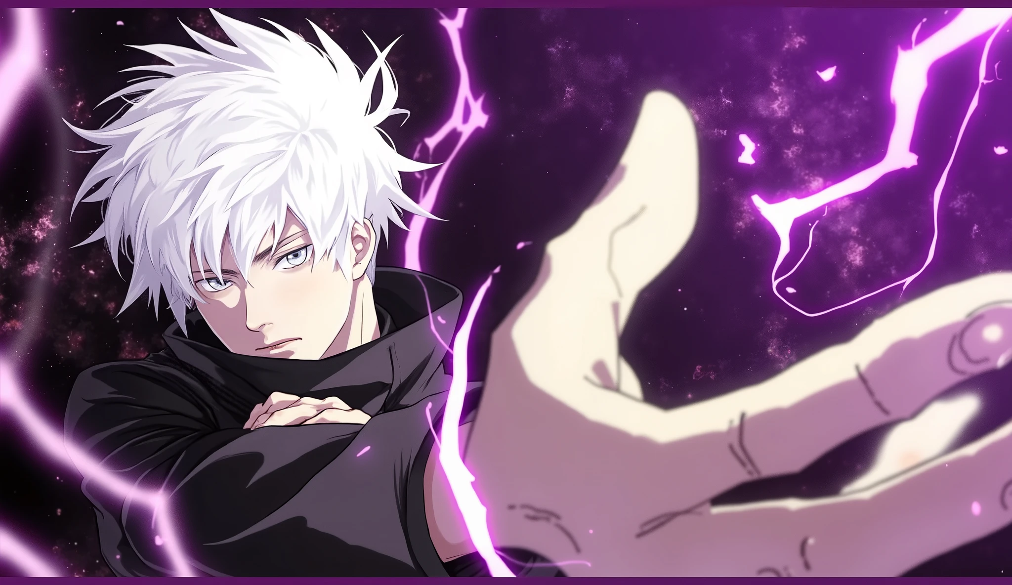 Young man with a confident and enigmatic look, white hair tousled, black bandage on the eyes , uniform dark blue fair, intense purple aura surrounding, abstract background with distorted energy, highly detailed anime style, dramatic and epic lighting, inspired by Gojo Satoru by Jujutsu Kaisen