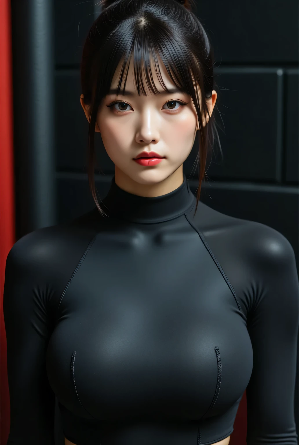 Highest quality, high resolution, masterpiece, colorful to keep.
Super beautiful Japanese woman, looks like a intimidating dominatrix, closed mouth, condescending gaze, staring at the viewer, makeup, long false eyelashes, eyeshadows, eyeliners, light red lips, short ponytail.
Her breasts are large even under the pressure of a wetsuit.
Locker room, black wall.