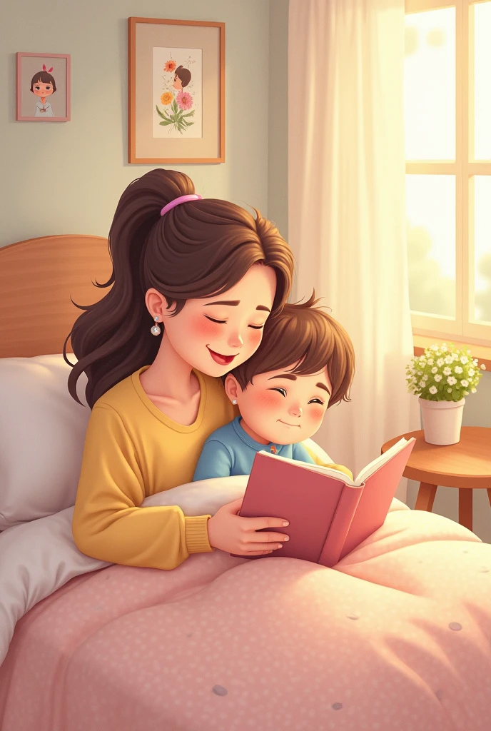 indian 40 year old cubby woman wears tight pink colour gown, lying on bed, reading a magazine, and 1 indian boy wears tshirt and short, lying alongside the woman on bed, hugged the woman and seeing the magazine.
