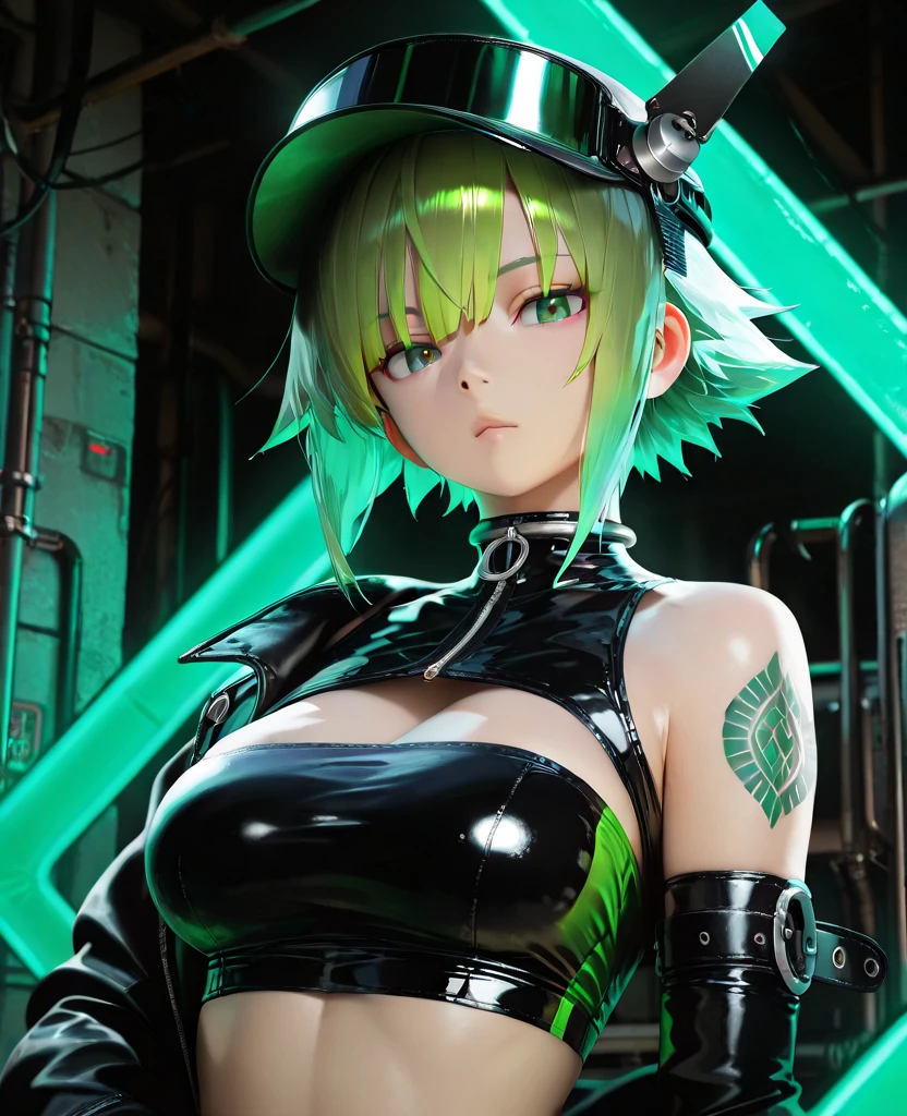 Rebecca from cyberpunk, yellow neon lights, green hair, The artwork is rendered in an edgy and realistic style, with high attention to detail and sharp focus. The colors are vivid and contrasted, with a slight desaturation to create a moody atmosphere. shadowy highlights enhancing the overall composition. The medium used is a digital illustration, with a touch of photo-realistic elements to add depth and texture to the image. The final result is a masterpiece in ultra-high resolution,