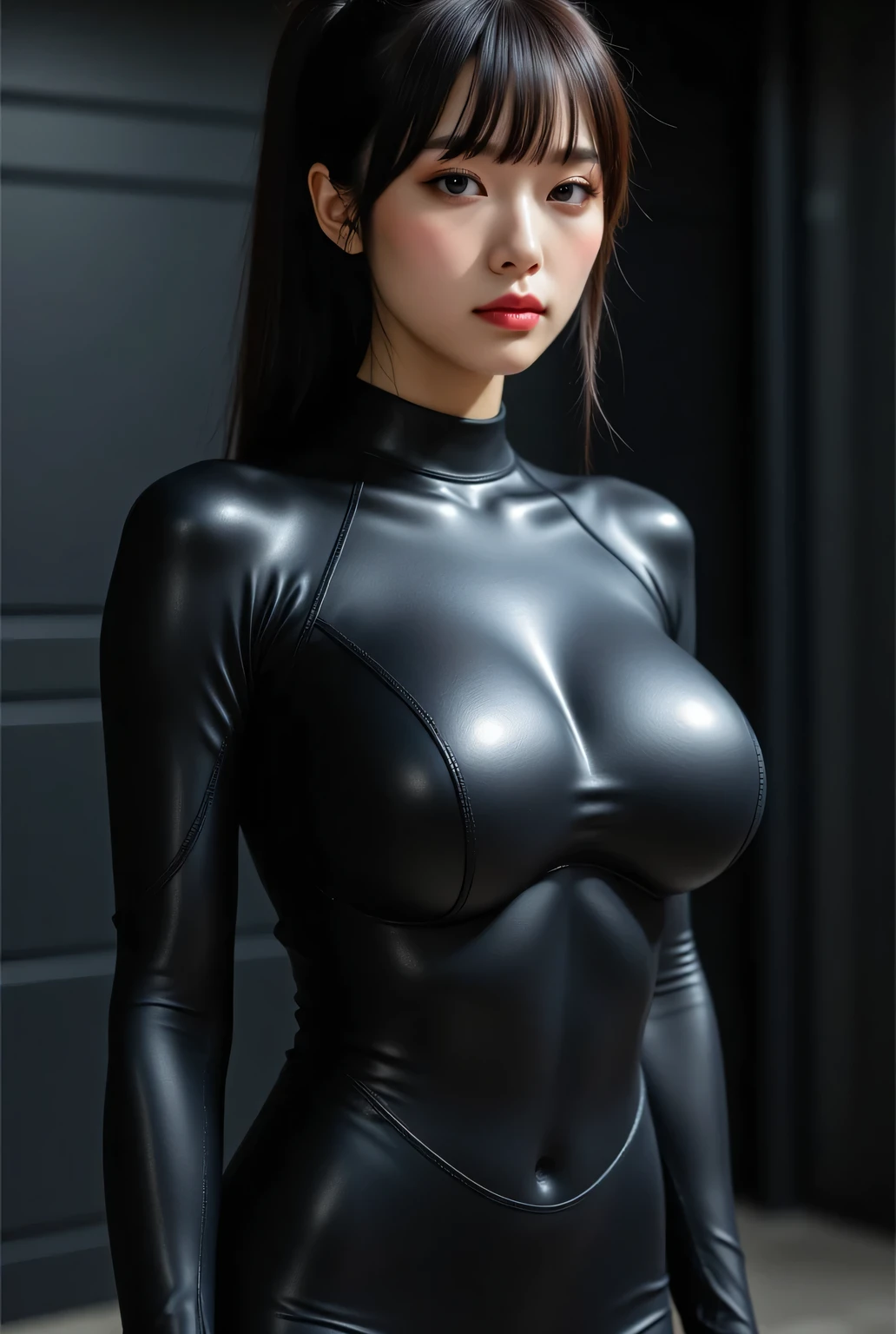 Highest quality, high resolution, masterpiece, colorful to keep.
Super beautiful Japanese woman, looks like a intimidating dominatrix, closed mouth, condescending gaze, staring at the viewer, makeup, long false eyelashes, eyeshadows, eyeliners, light red lips, short ponytail.
Her breasts are large even under the pressure of a wetsuit.
Locker room, black wall.