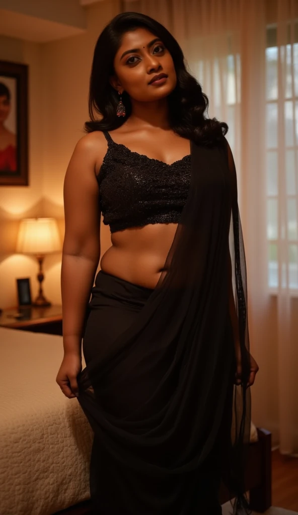 nigerian black skin chubby sexy 30 years old busty youthful aunty in indian simple saree showing her full body structure in her bedroom