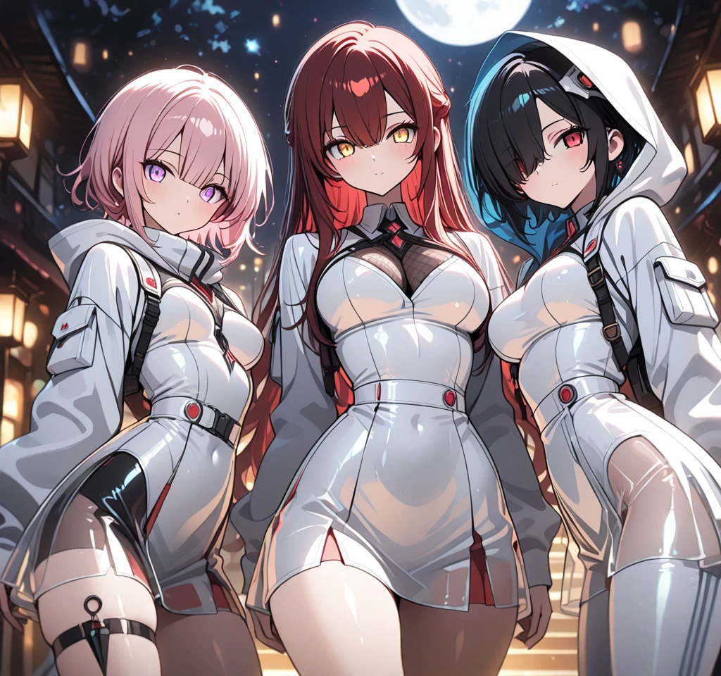 3 girls, multiple girls, multiple focus, side by side BREAK 
[1 girl, Lilli, violet eyes, light pink hair, short hair, cool, beautiful, medium breast, very cute, lovely, kawaii] BREAK [1 girl , ShanRyu, golden eyes , very long hair , long sidelocks, red hair ,half updo, petite , very cute , beautiful ,Straight hair, cool, handsome, hair between eyes, sexy, medium breasts]  BREAK [ 1girl, Kuroki Monika, black hair, very long hair, hair over right eye, red eyes, medium breasts, (petite but curvy, very cute) ] BREAK bubbles, headgear, form-fitting white catsuit, see-through skirt, cleavage, Hinata style,  looking at viewer,forehead protector, blunt bangs, long sleeve hood, cinematic lighting, dynamic pose, night scene, kunai, stealthy, vibrant colors"cinematic lighting , cinematic angle, soft light , color detail, backlighting, Depth of field, long exposure, light steps,  intricate colors, vibrant colors,Shining eyes