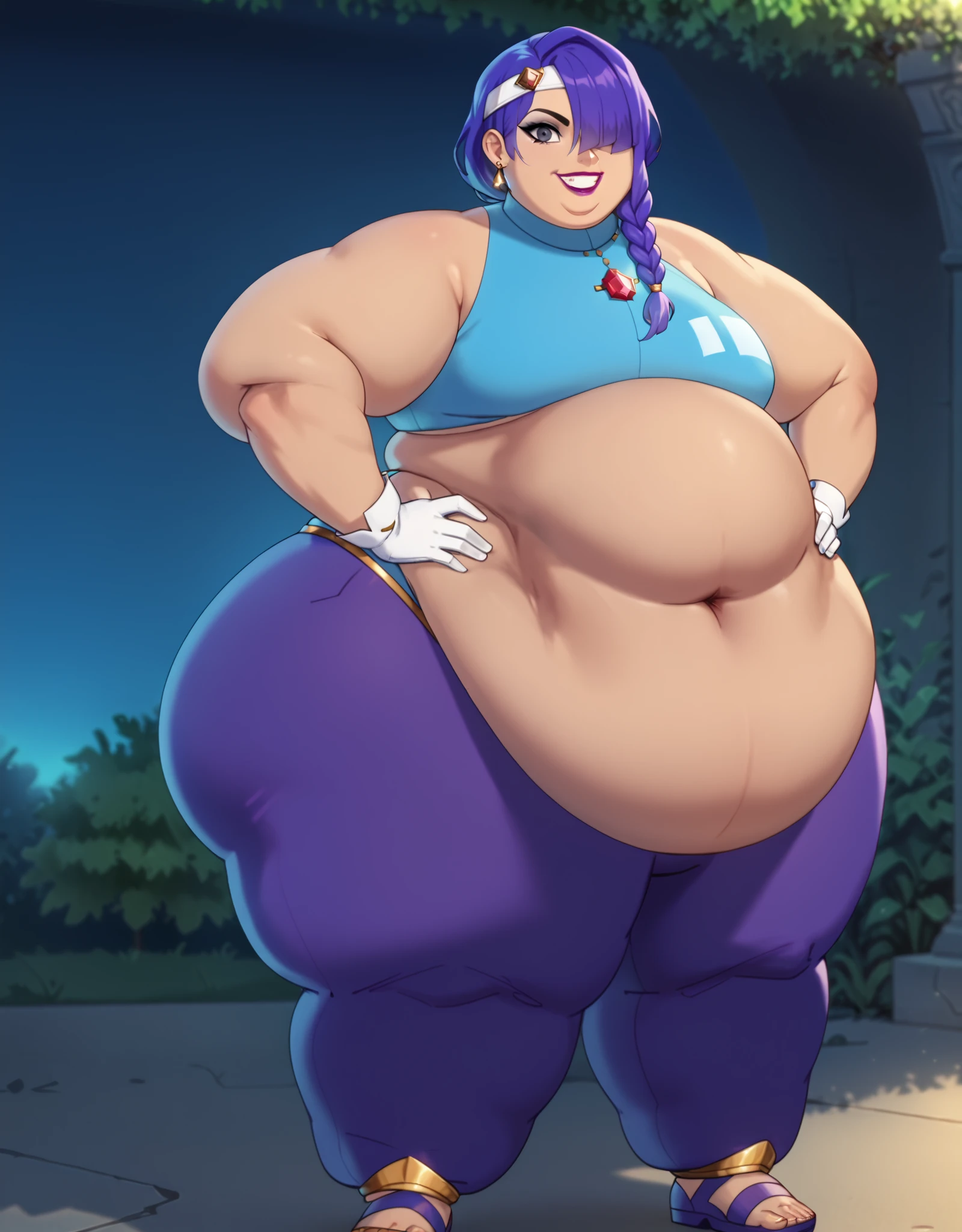 Anime Women, Lady、amount、amount、Long braids down to the waist、Purple Hair、Glasses、Sharp eyes、Purple lips、Cobalt blue body、Cobalt blue skin、Cobalt blue face、Are fat、Chubby、obesity、Double heek、Thick neck、Big Br breasts、Thick upp、Thick arms、thick fingers、Fat belly、Flabby belly、Flabby bellyの脂肪、Thick legs、Big Ass、Brown blazer、Brown st、sneakers、、sweated profusely、Gloss、Side Shot、garden