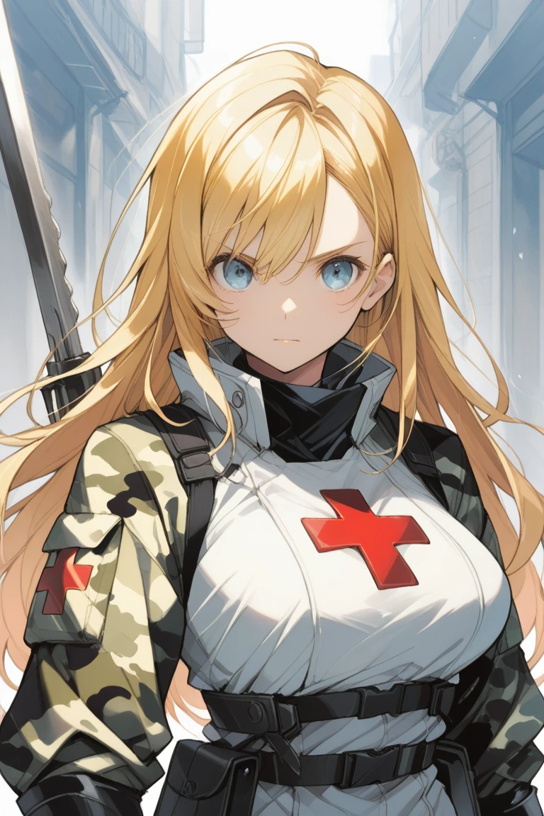 ((best quality)), ((highly detailed)), masterpiece, absurdres, (detailed eyes, deep eyes), (1girl), upper body, <lora:nurse-terraria-v1:1>, terrarianurse, blonde hair, ponytail, green eyes, medium breasts, nurse, nurse cap, (in a desert, sand, noon)