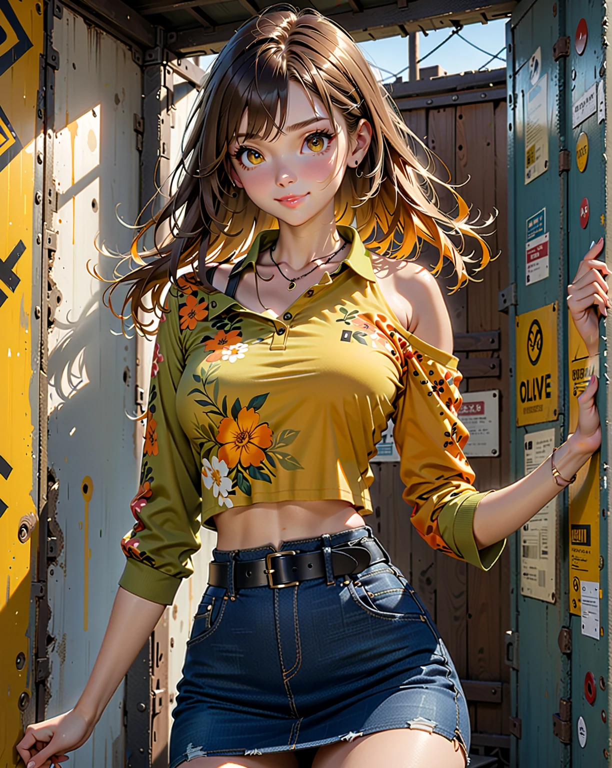 A woman with light brown long hair, a delicate face, a blank look in her eyes, a slender and firm dancer's figure, a fantasy-realistic style outfit, she ties a French shirt at her chest, revealing her graceful waistline, she wears tight jeans on her lower body, a flowing skirt is gracefully tied around her waist, she walks leisurely in a fantasy-style town, this character embodies a finely crafted fantasy-realistic style female dancer in anime style, exquisite and mature manga art style, beautiful woman, high definition, best quality, highres, ultra-detailed, ultra-fine painting, extremely delicate, professional, anatomically correct, symmetrical face, extremely detailed eyes and face, high quality eyes, creativity, RAW photo, UHD, 8k, Natural light, cinematic lighting, masterpiece-anatomy-perfect, masterpiece:1.5