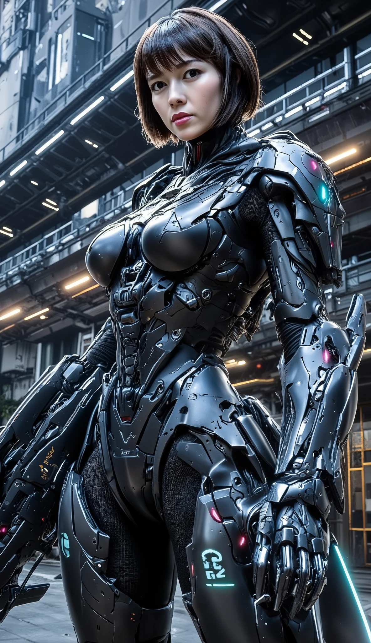 high definition, female soldier with biomechanical sniper rifle,A girl in a cyborg suit is standing in a collective team with a gun ,Short hair with bob cut , Future City,