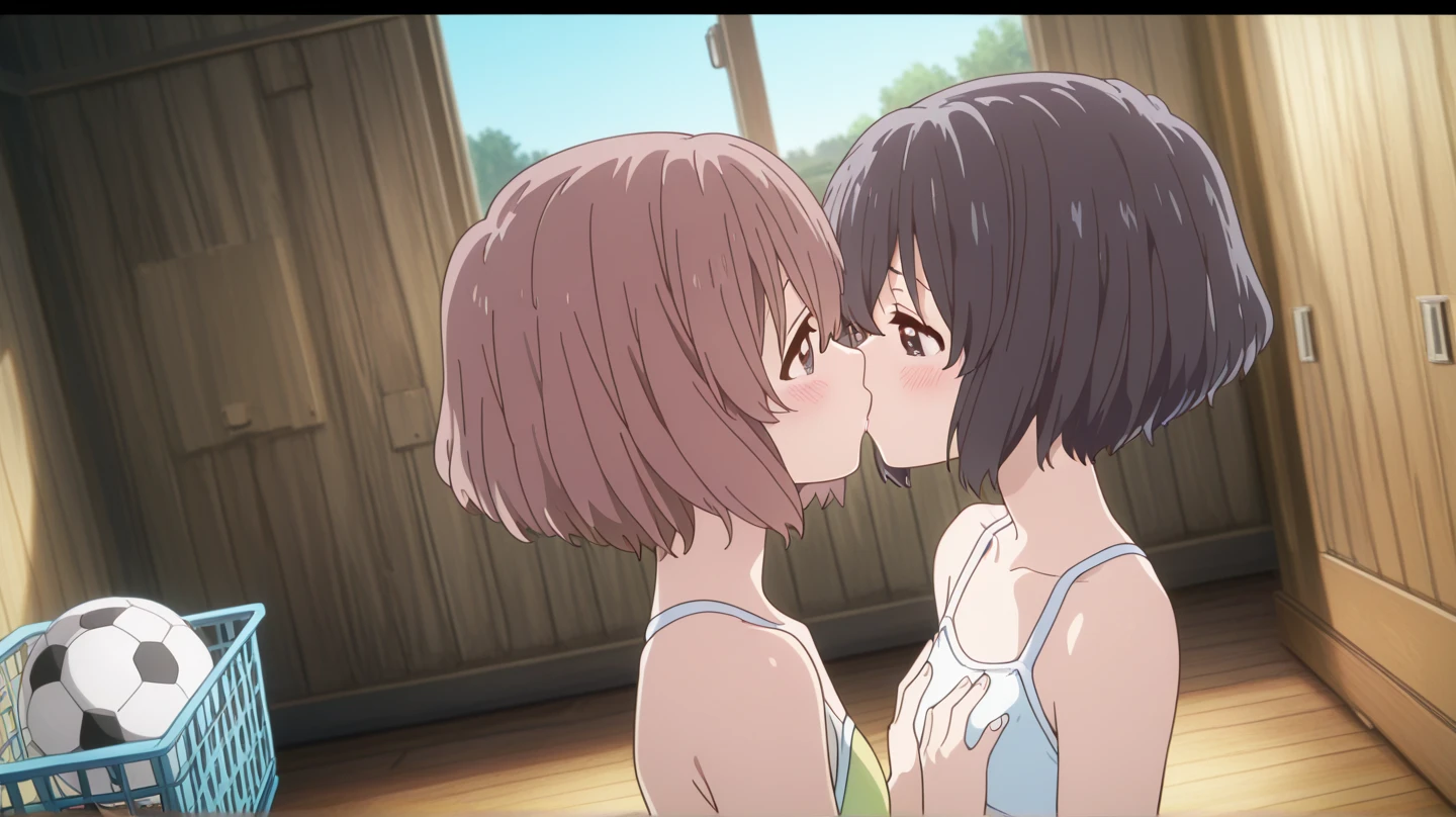 Crying girl with black bob hair、Small breasts、Upper body naked、Nipples are erect、Pale pubic hair、Floral Panties、Checked Skirt、A naked middle-aged man is grabbing her breasts with both hands on the train、Chest up