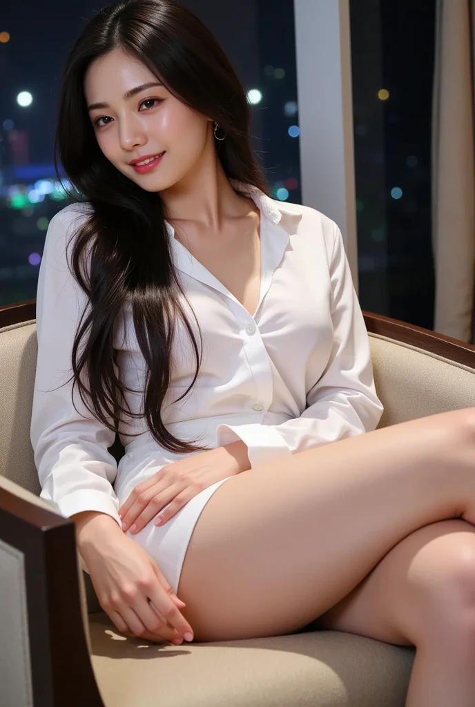 (RAW, best quality, masterpiece:1.5), (photo realistic, intricate details:1.2), ultra highres, absurdres, 1girl, beautiful face, detalied eyes, symmetric eyes, light on face, nose blush, short hair, black hair tie, clk, vest, suit, miniskirt, black pantyhose, [:15d, :0.8], smile, small dimples, sexually suggestive, big breasts, slim waist, slim legs, long legs, high heels, lying on couch, perfect body, good proportions, looking at viewer, (office, indoor, hyper detailed background:1.2), japan, shiny skin, real skin texture, natural lighting, 