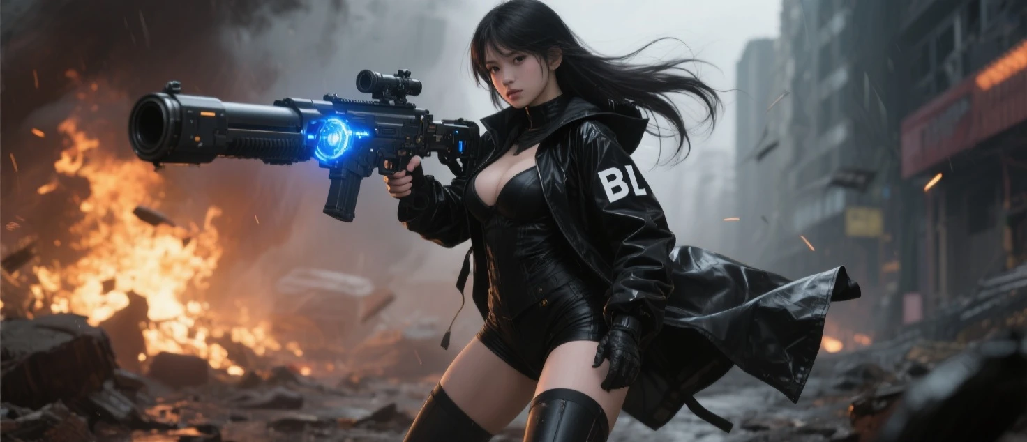 (Wide angle view). City Hunter style city, simple outlined neon tall buildings, glowing giant clock tower, helicopter, lightning, 3D rendering Beeple. At night, (1 girl as Kaori in City Hunter, solo, alone), photorealistic, medium-breast slim:0.6 body, oval:0.5 face, cleavage:1.1, sexy costume with deep-v, low view pleated miniskirt, glove, (Matrix style black micro sunglasses), ((aiming viewer with a short gun)), (running pose), (half-body thigh level close-up shot), cinematic lighting, ray tracing.
