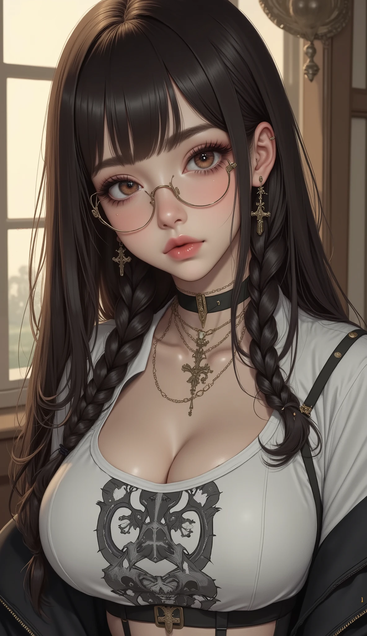(best quality, masterpiece:1.2), simple lines, anime style, goth girl, perfect body, (huge breasts), slim waist, nice ass, glasses, choker, crucifix earrings on one ear, dark background