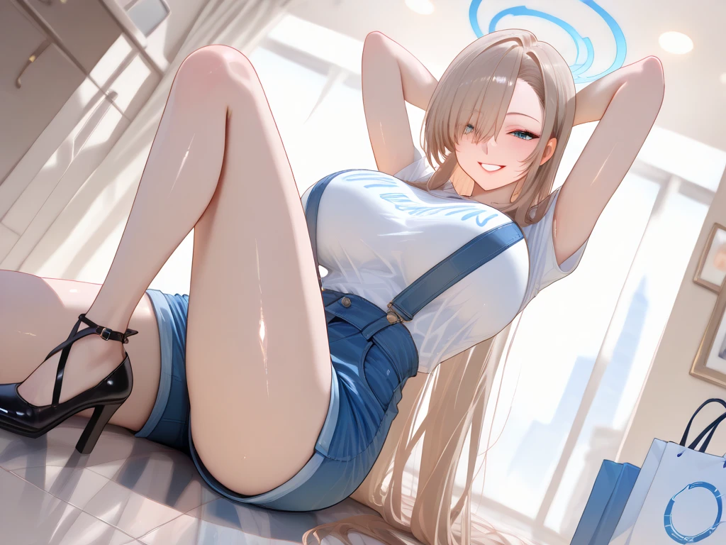 toenail polish, blue nails, feet focus, sitting, on floor, living room, feet, KikoruShinomiya, 1girl, blonde hair, twintails, green eyes, volumetric lightning, detailed skin texture, detailed, volumetric shadow, seductive smile, hair ornament, best quality, high quality, masterpiece, highly detailed clothes, blue shorts, black gloves, yellow shirt, shirt tucked in,