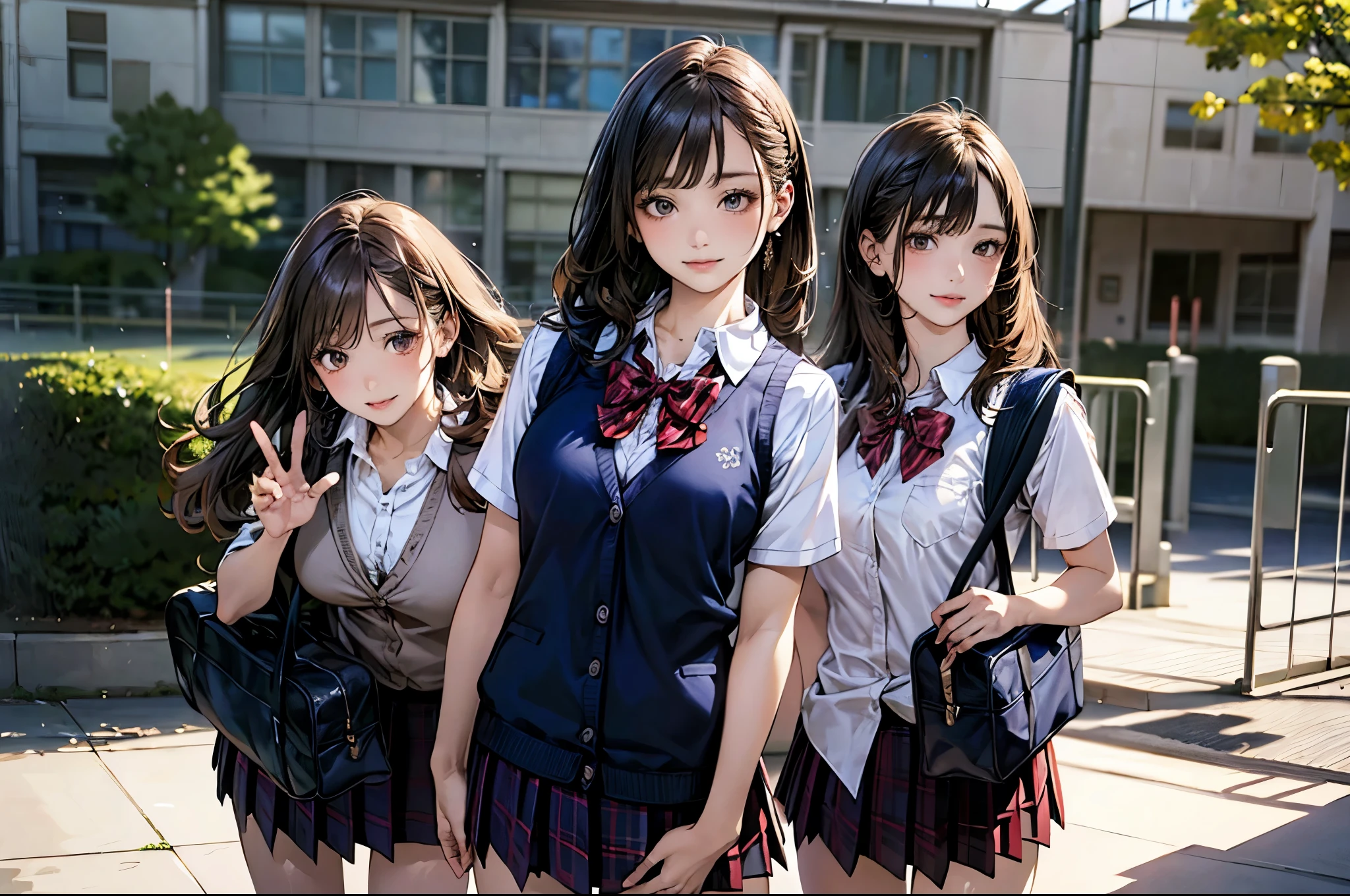 ((8K, RAW Photos, Highest quality, masterpiece)), High-resolution RAW color photos、
Professional close-up photography, (Realistic, フォトrealism: 1.37),
(Highest quality), (Best Shadow), (Best illustrations),
High-quality images、Skin Radiance、Texture of skin and clothing、
Expression of fine eyes、Shiny Hair,Long Hair Girl, Manga inspired by Lee Jong-suk,
Trending on deviantart, realism, detailed manga style, Manga art style,
Perfect Line Drawing, Beautiful line art, digital manga art girl, K-POPアイドル,
Beautiful brown eyes, Fuller lips, Gorgeous face with attention to detail,
(Cute Smile), attractive, Innocent, (Perfectly detailed face),
(Detailed and carefully drawn hand) Photorealistic images, Written boundary depth,
(Japanese style princess cut hairstyle:1.5),
best quality, masterpiece, New Year,
Three Japanese high-school cute girls, ((looking straight:1.7)),
a short-sleeved Japanese-blue-high-school-sailor-suit,
((Reddish bow tie, with a school bag:1.5))
((gently smiling:1.7)),
((upper arms hidden by clothes and hair:1.5)),
(innocent and pure high-school-girls:1.7)
(separately side by side:1.5),
shrine background, (mount Fuji:1.3), (outdoors:1.5)